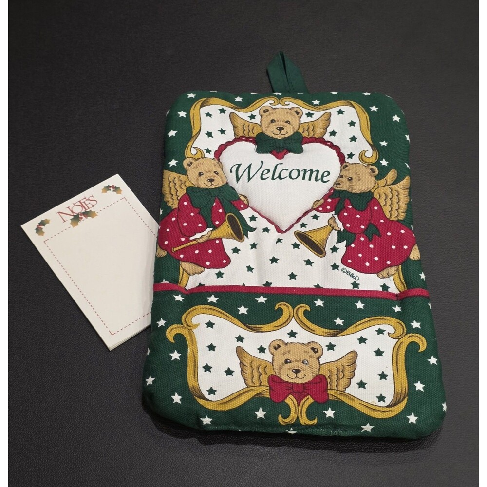 Vintage Christmas Potholder Pocket Note Pad Angel Teddy Bear Green Cotton